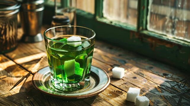 Enjoying absinthe with sugar cubes and water in a rustic setting