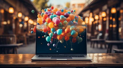 Photo of a laptop surrounded by colorful balloons and confetti, perfect for celebrating a special occasion with copy space