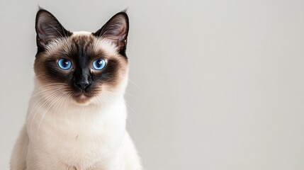 A close-up of a Hemingway cat with striking blue eyes, sitting gracefully on a light solid color background, showcasing its unique polydactyl paws