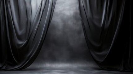 A black curtain with a white background. The curtain is open, revealing a dark room. Scene is mysterious and dramatic