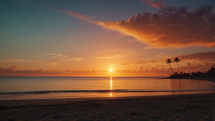 A wide-angle shot of a beach at sunset, with the sun dipping below the horizon and palm trees silhouetted against the colorful sky