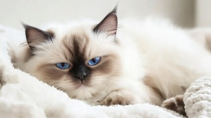 A fluffy Himalayan cat lounging on a soft blanket, showcasing its striking blue eyes and creamy fur, with a light solid color background
