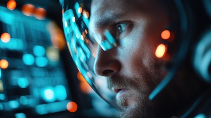 A detailed view of a high-tech control panel glowing with vibrant blue and orange lights, depicting advanced technology and futuristic design elements.