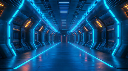 Futuristic Corridor with Blue and Orange Neon Lights 3D Illustration