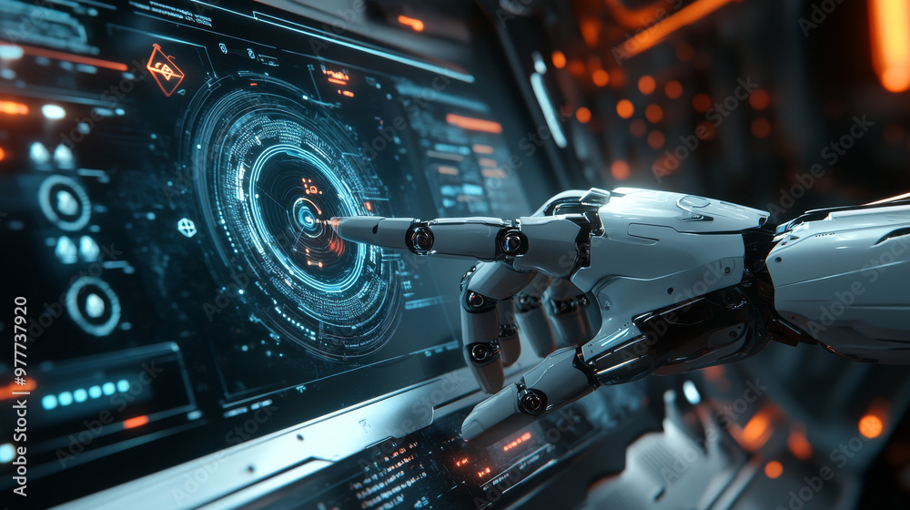Poster a robot mechanical arm or hand is pressing an index finger on a button within a virtual holographic 
