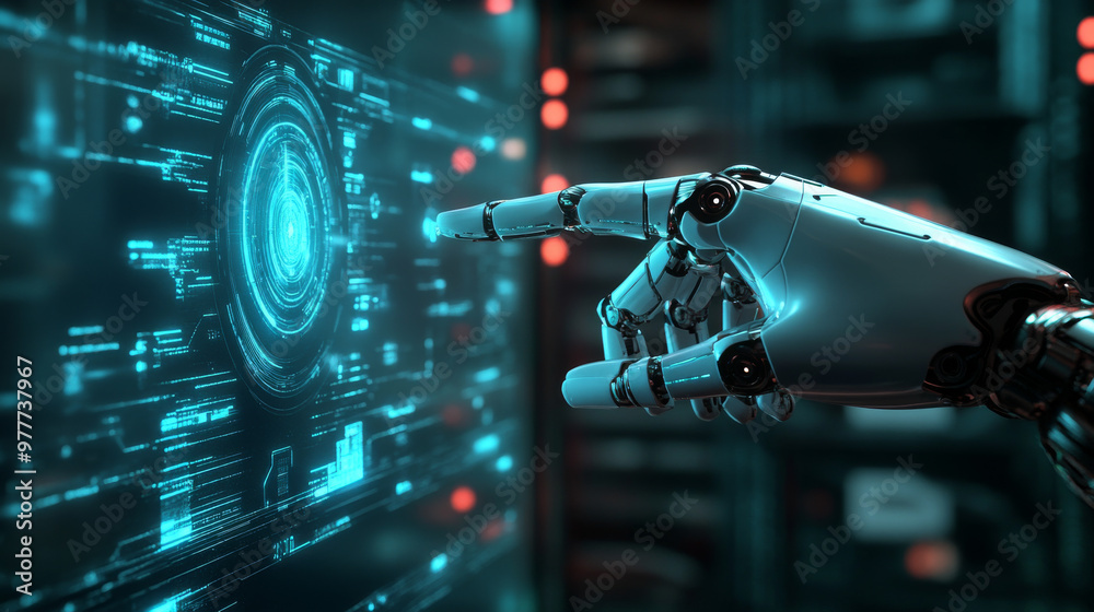 Poster a robot mechanical arm or hand is pressing an index finger on a button within a virtual holographic 
