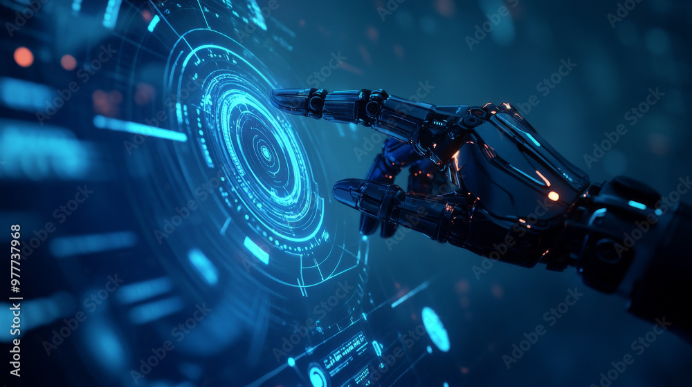 Poster a robot mechanical arm or hand is pressing an index finger on a button within a virtual holographic 