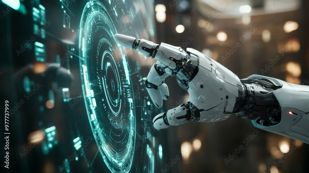 Poster a robot mechanical arm or hand is pressing an index finger on a button within a virtual holographic 