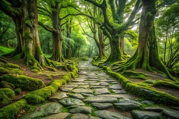 Worn, weathered stone pavement leads through a serene, lush green forest, lined with ancient trees, their roots