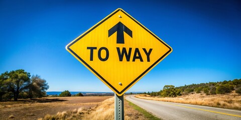 Yellow and black two-way road sign stands alone against a clear blue sky, pointing left and right, indicating