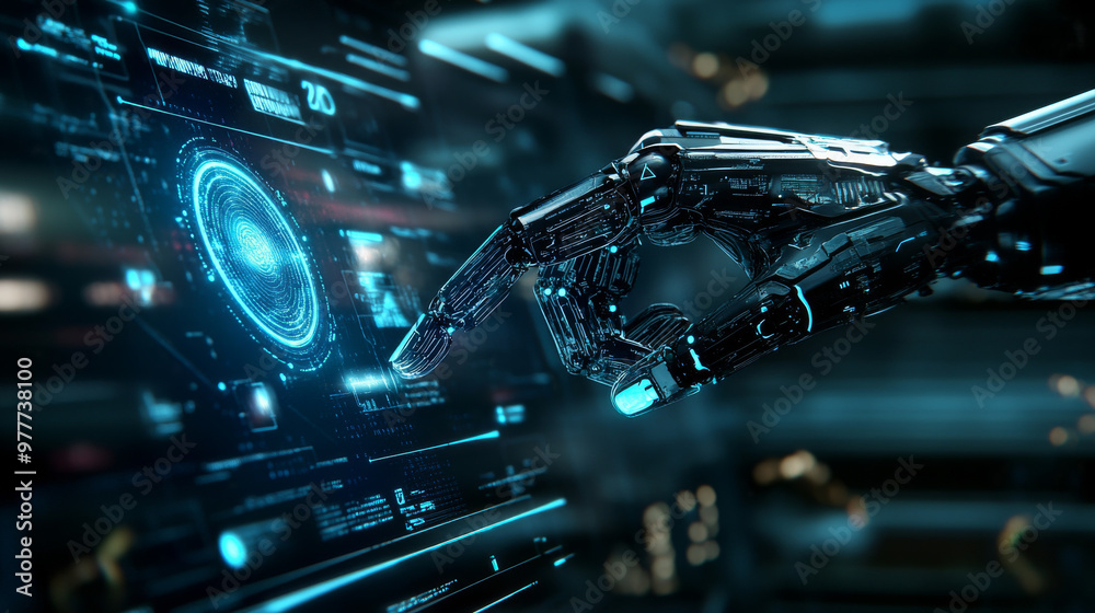 Poster a robot mechanical arm or hand is pressing an index finger on a button within a virtual holographic 