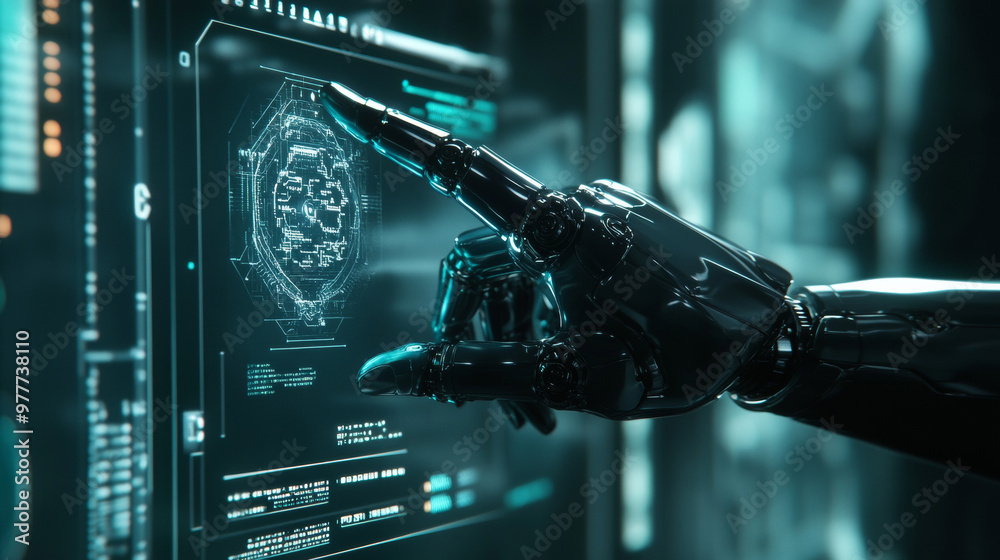 Poster a robot mechanical arm or hand is pressing an index finger on a button within a virtual holographic 