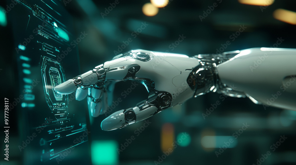 Poster a robot mechanical arm or hand is pressing an index finger on a button within a virtual holographic 