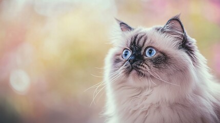 A close-up portrait of a Himalayan-Persian cat with a serene expression, emphasizing its distinctive features and plush coat, against a gentle pastel backdrop