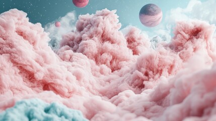 An imaginative and dreamy scene of pink and blue fluffy clouds with planets in the sky, evoking a sense of wonder, fantasy, and a surreal alternate universe.