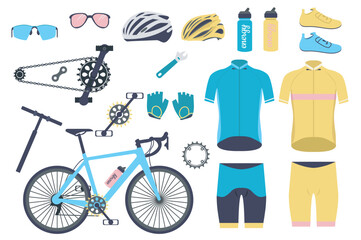 Mountain bike parts set elements in flat graphic design. Bundle objects of bicycle, vehicle components and accessories, glasses, helmet, water bottles, bicyclist sportwear, other. Vector illustration.
