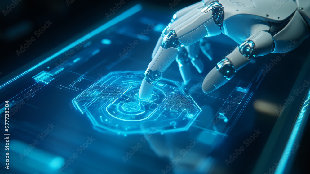 Poster a robot mechanical arm or hand is pressing an index finger on a button within a virtual holographic 