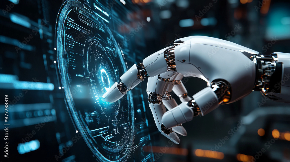 Poster a robot mechanical arm or hand is pressing an index finger on a button within a virtual holographic 