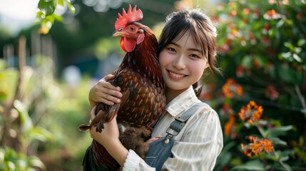 A kind-hearted young female owner of a Japanese farm is holding a big rooster, wearing work clothes, healthy and sunny, with a smile on her face