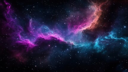 A colorful galaxy with purple, blue, and red clouds. The stars are scattered throughout the sky, creating a sense of depth and vastness. The image evokes a feeling of wonder and awe at the beauty