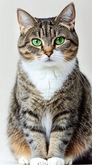A close-up portrait of a housecat with captivating green eyes, sitting elegantly with a light solid color background