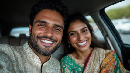 Smiling Indian Couple Taking a Selfie in Traditional Clothing, inside the car 