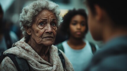 An elderly woman with curly gray hair stares thoughtfully amidst a crowd, capturing a sense of wisdom, reflection, and life's passage in an urban setting.