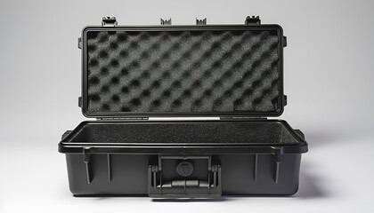 Open black plastic case with foam inside. Weapon case isolate on white background