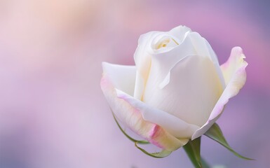 Generative-AI, Tender White Rosebud with Soft Petals Just Starting to Open Against a Serene Background
