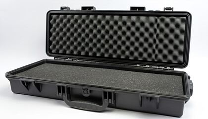 Open black plastic case with foam inside. Weapon case isolate on white background