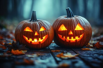 Obraz premium Spooky halloween pumpkins in forest. Scary halloween background with free space for text. Jack-o-lantern on a wooden table