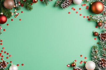 Festive Christmas frame with ornaments, pine, and confetti on a green background, perfect for holiday greetings and celebrations.