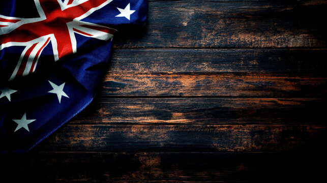 Happy Australia Day. Australian flag on a wooden background. Horizontal banner. Free space for text. Holiday template for poster, greeting card - Powered by Adobe
