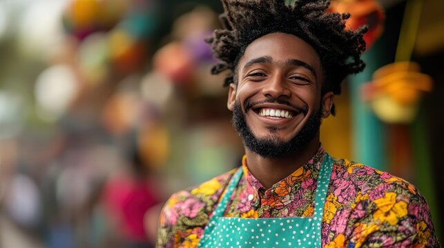 A joyful market vendor in colorful attire with an apron smiles warmly, embodying the essence of a vibrant and engaging marketplace environment.