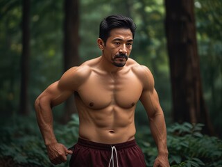 Muscular athlete in forest environment, showcasing strength and outdoor fitness training