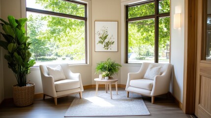 A room with two white chairs and a table in the middle. The chairs are facing each other and the table is in the middle of them. There is a potted plant in the room and a vase on the table