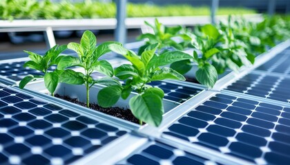 Fototapeta premium Solar panels integrated into a rooftop garden, with green plants growing around them, illustrating the merging of technology and nature