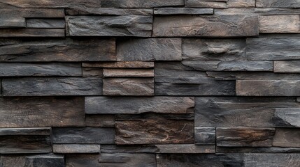 A wall made of stone blocks with a rough texture. The wall is dark brown and has a rugged appearance