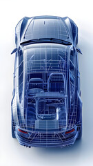 Automobile Car technical drawing for Drive Transportation Vehicle Automotive Engineering Technology Blueprint Wireframe Aesthetic Top View White Backdrop