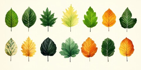Obraz premium Minimalistic illustration of different autumn leaves of trees and nature motives