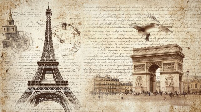 Vintage illustration of iconic Paris landmarks including the Eiffel Tower and Arc de Triomphe, surrounded by antique writing.