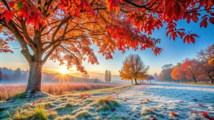 Vibrant autumn landscape with red foliage on tree branches and hoarfrost on grass in the morning, perfect November scenery