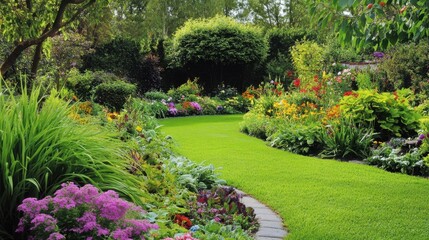 Fototapeta premium A peaceful garden with a variety of plants, 50 keywords
