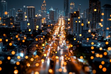 Bokeh background with vibrant city lights creating a blurred, energetic feel in the nighttime cityscape