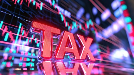Vibrant tax graphic overlaying financial data, symbolizing tax season and economic analysis in a digital environment.