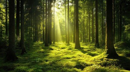 Obraz premium A peaceful forest with sunlight filtering through the trees, 50 keywords