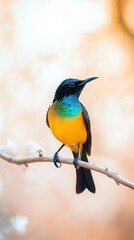 Obraz premium A solitary bird perched on a branch, set against a blurred, light-hued background that enhances its vibrant colors