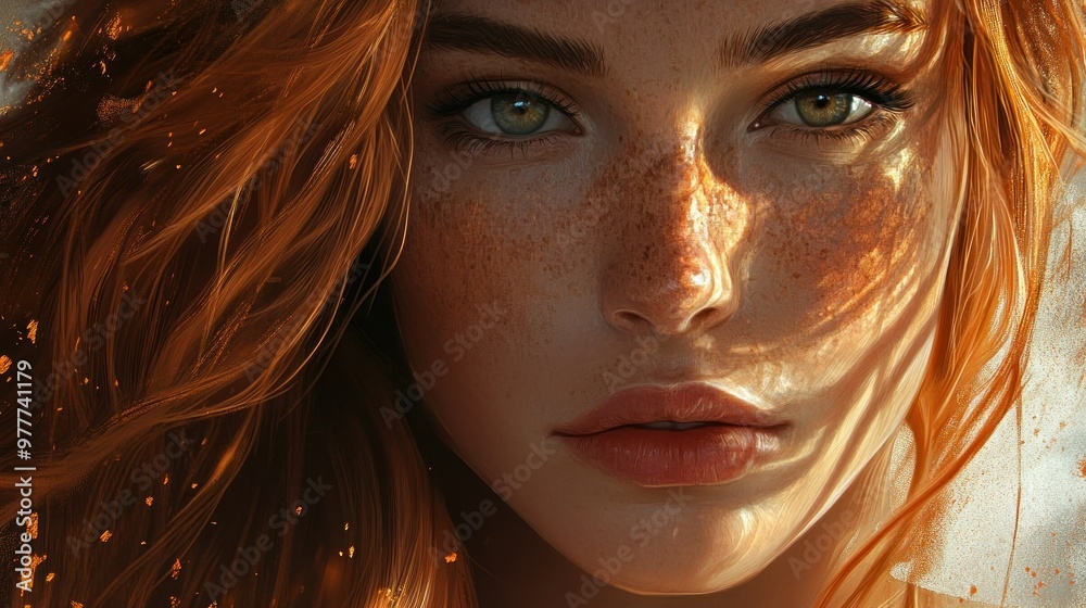 Wall mural Close-up Portrait of a Woman with Red Hair and Freckles