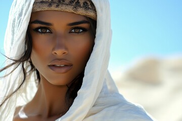 Close up portrait of Middle East lady with a scarf on his head.