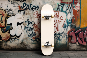 Mockup of a blank skateboard leaning against a graffiti-covered wall. The skateboard features a plain, untreated deck with no design, ideal for customization.